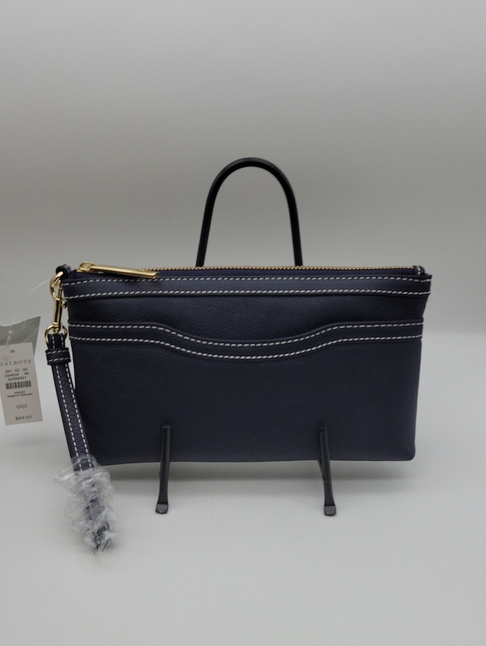 Talbots Navy Leather Wristlet with White Stitching and Gold Hardware